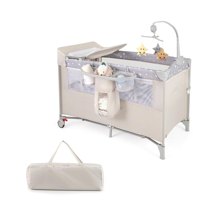 Дитяче ліжечко FANTASK 5 в 1, приліжкове ліжечко з колесами, ігрова арка та пеленальний килимок, дорожнє ліжечко з матрацом та сумкою для перенесення, мобільне дитяче дорожнє ліжечко для малюків до 3 років (бежевий)