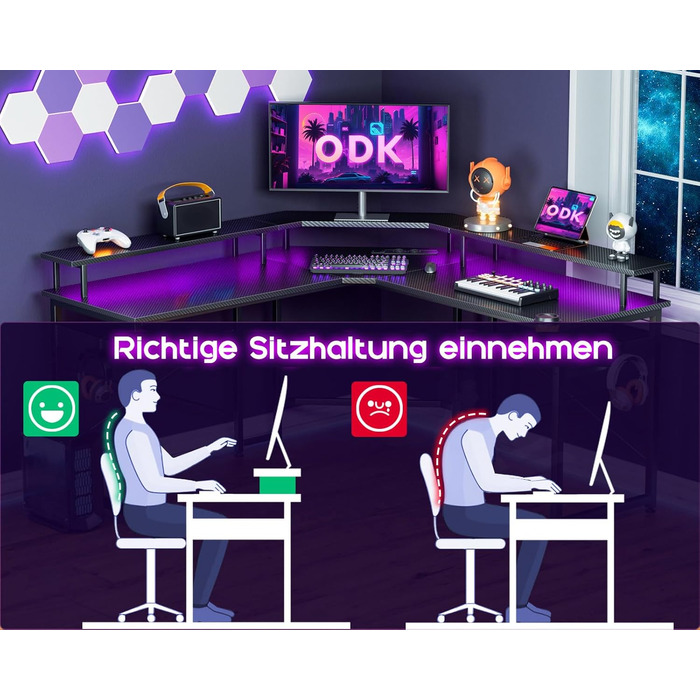 Ігровий стіл ODK 129x129 см, ігровий стіл зі світлодіодом, ігровий стіл для ПК з 2 розетками та 2 портами для зарядки USB, комп'ют