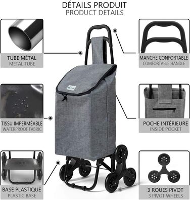 Сумка-візок для покупок зі сходами, складаний візок-тележка з гачком, 3 колеса, водонепроникний, 32л, Сірий
