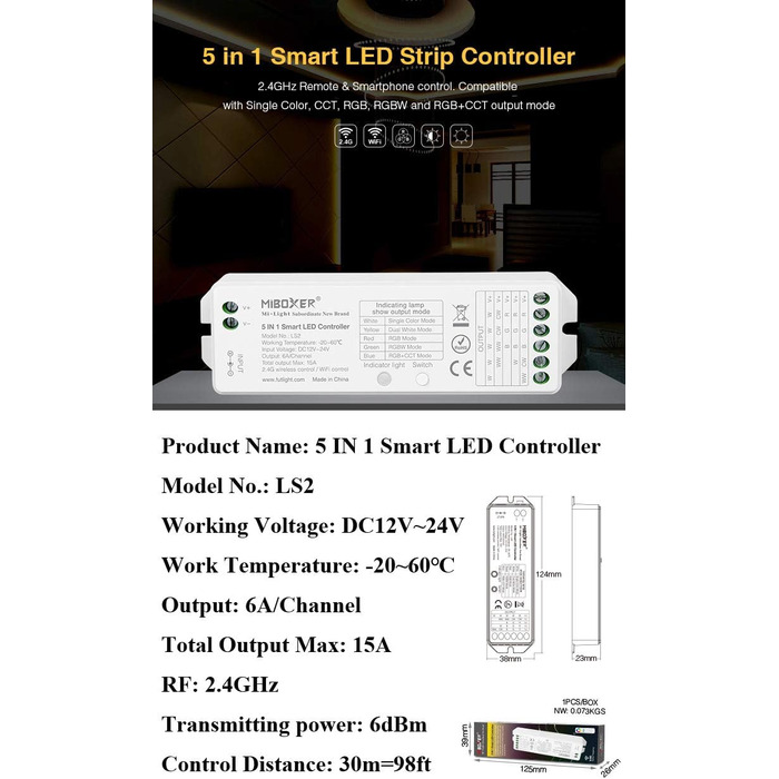 Контролер світлодіодної стрічки LGIDTECH LS2 Miboxer, бездротовий контролер 5 в 1 2.4 ГГц, сумісний зі світлодіодними стрічками Solid Color, RGB, RGBW, WWCW, RGBCCT