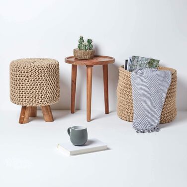 Маленький круглий в&39язаний пуф Homescapes з дерев&39яними ніжками, бежевий, 32 x 32 x 42 см, в&39язаний пуф з товстим в&39язаним чохлом, виготовлений зі 100 бавовни, кремово-білий