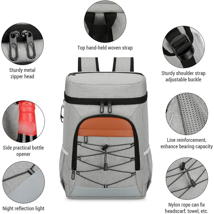 Рюкзак-холодильник Tourit, кемпінговий рюкзак-холодильник з відділенням для обіду, утеплений, водовідштовхувальний, для чоловіків/жінок, пікніків, подорожей, спорту, велика місткість, легкий, водонепроникна підкладка, сірий