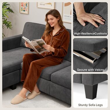 Г-подібний 3-місний кутовий диван Xbro з висувною підставкою для ніг, невеликий кутовий диван з м&39якої вельветової тканини, 188 136,5 89 см, темно-сірий/чорний