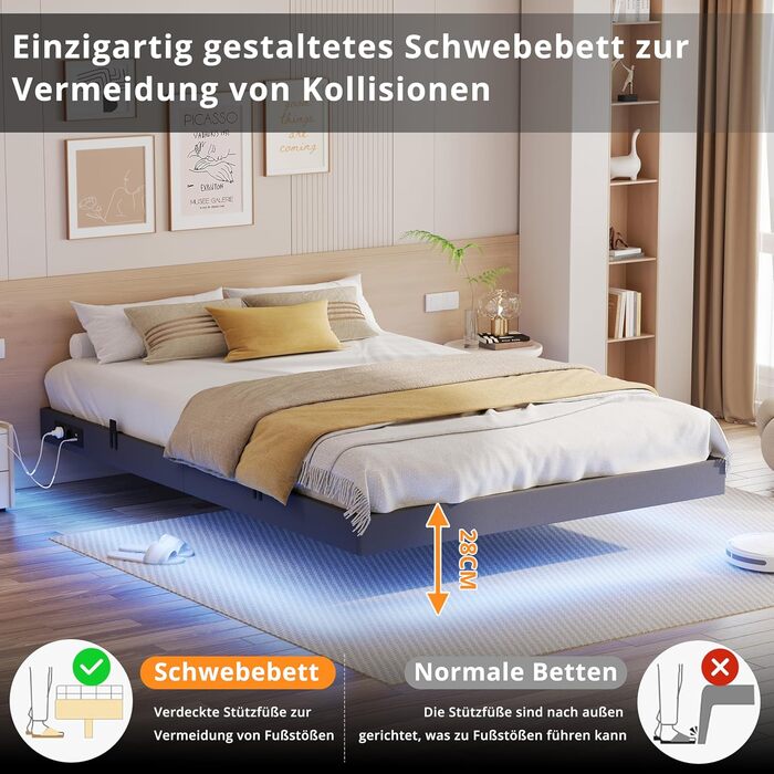 Ліжко IRONCK 140x200 зі світлодіодним освітленням та зарядною станцією, каркас ліжка 140x200 см з м&39якою оббивкою, плаваючий каркас ліжка, каркас ліжка 140x200 см, дитяче ліжко, металеве ліжко з рейковою основою, двоспальне ліжко, сірий колір