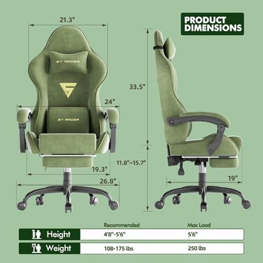 Ігрове крісло, Дихаюче та ергономічне офісне крісло з мікрофібри велюру, Комп&39ютерне крісло з регульованим підголівником та поперековою подушкою, підлокітниками, підставкою для ніг (зелене) Зелений LW200