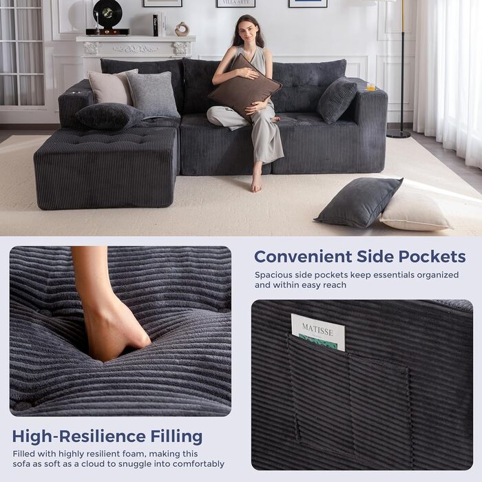 Кутовий диван MAXYOYO з вельвету з підсклянником, модульний диван, що трансформується в L-подібний та двоспальний диван, 3-місний диван без кісток для вітальні, не потребує складання, сірий, L-подібний