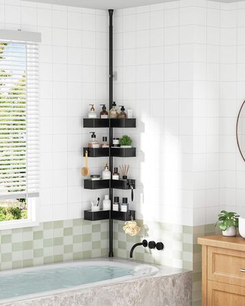 Кутова полиця для душу Kitsure з телескопічною стійкою, регульована по висоті, металеві кошики, монтаж без свердління, висота 87-290 см, ширина 24.6 см, чорний колір (24.6 x 24.6 x 290 см)