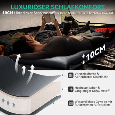 Самонадувальний килимок для сну HIKENTURE, 10 см товщиною пінопластовий кемпінговий матрац, ультратовстий самонадувальний повітряний матрац, зручний килимок для сну для використання на свіжому повітрі, намет, походи, подорожі, темно-сірий