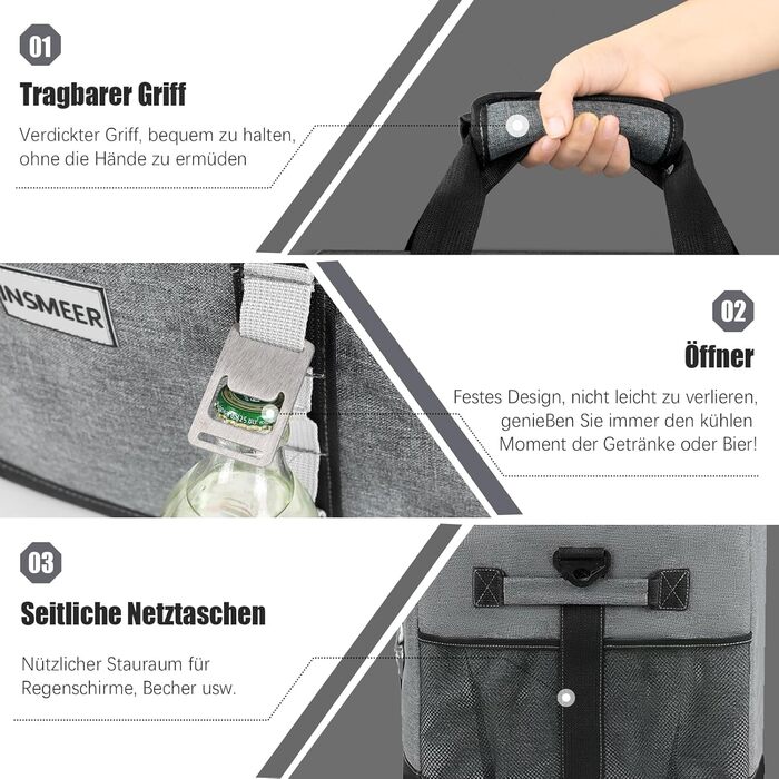 Велика сумка-холодильник 48 л, велика складна сумка-холодильник на 65 банок з верхнім відкриттям, водонепроникна ізольована сумка для покупок XXL, ідеально підходить для поїздок, пікніків, кемпінгу, походів, пляжу, темно-сіра