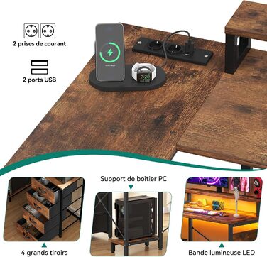 Кутовий письмовий стіл YITAHOME L-подібний з розетками, USB та шухлядами, 130х100х75 см, вінтажний коричневий