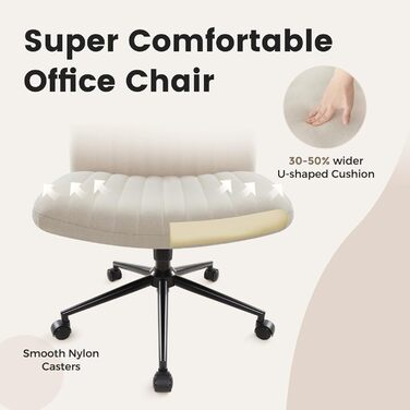 Офісне крісло IWMH без підлокітників, поворотне крісло з регульованою висотою та коліщатками, письмове крісло з тканинною оббивкою, крісло для читання з ширшою подушкою для сидіння зі схрещеними ногами (бежеве з коліщатками)