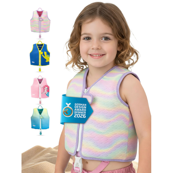 Дитячий рятувальний жилет KIDVERSE - Зручний засіб для плавання для дітей - Безпечне навчання плаванню для хлопчиків та дівчаток - Дитячий рятувальний жилет - Розмір S (15-19 кг) та Розмір M (19-30 кг) Фіолетова Русалка M