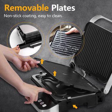 Контактний гриль Taylor Swoden 2000 Вт, бутербродниця на 4 скибочки, двосторонні знімні пластини з антипригарним покриттям, незалежний контроль температури, відкриття на 180, сенсорний світлодіодний екран, знімний піддон для крапель