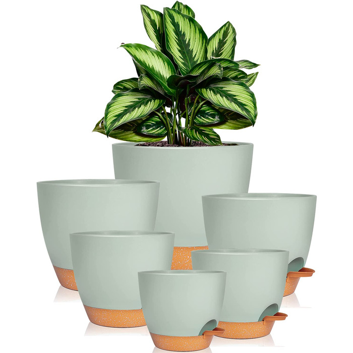 Пластиковий квітковий горщик з блюдцем 20,3/17,7/16,5/15,2/14/12,5 см, набір з 6 предметів, самополивний кашпо, горщик для трав, кухонний набір, кругле кашпо для балкону, сукуленти, кактуси, зелений