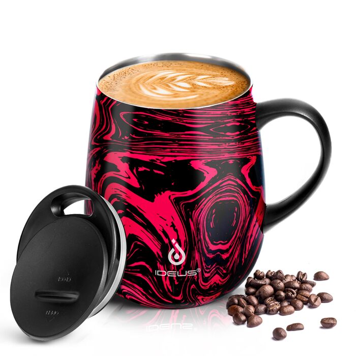 Кавова кружка Ideus 470 мл (16 унцій), двостінна вакуумно-ізольована кружка для кави та чаю з нержавіючої сталі з нековзною ручкою та розсувною кришкою, велика місткість (червона зебра)