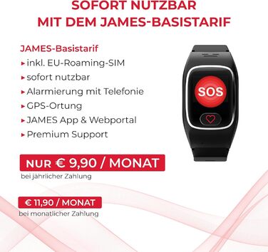 Годинник James B8 для екстрених випадків та безпеки для людей похилого віку GPS, виявлення падіння, кнопка SOS, монітор серцевого ритму, функції для здоров&39я, сімейний додаток, гучний будильник чорний/білий вкл. SIM-картку та 2 місяці безкоштовного тари