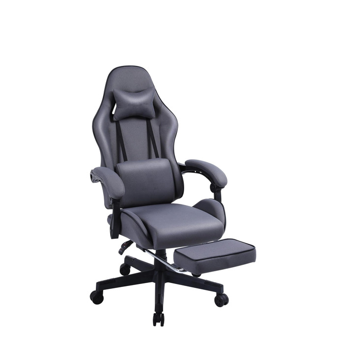 Геймерське крісло з підставкою для ніг мякі підлокітники регульована висота масажна подушка сірий