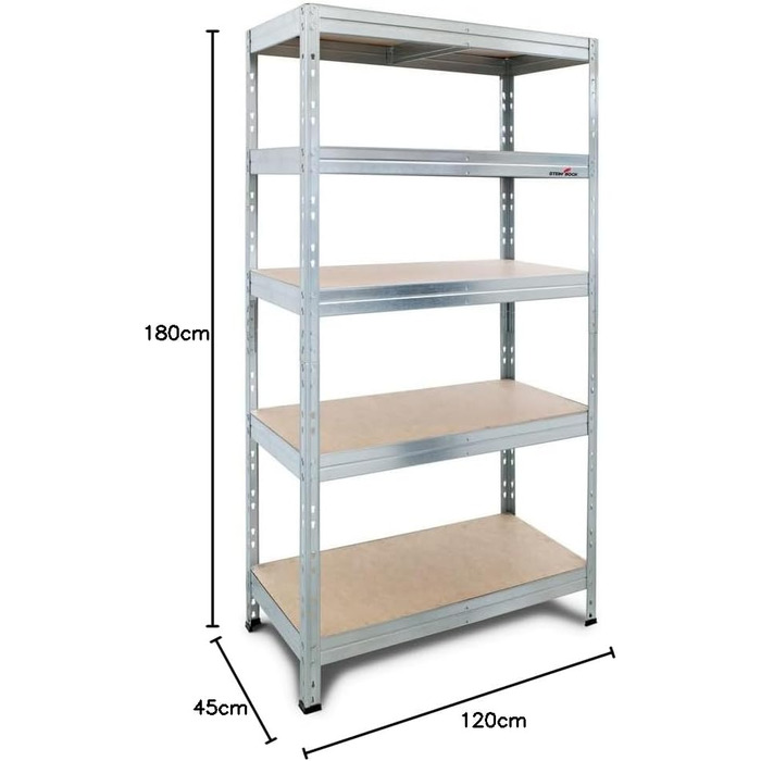 Міцний стелаж Steinbock - ВxШxГ 180 x 90 x 45 см - оцинкований - вантажопідйомність 1250 кг - безболтовий стелаж з 5 полицями - навантаження на полицю 250 кг - виготовлено в ЄС - стелаж для майстерні з оцинкованої сталі - міцний металевий стелаж типу S - 