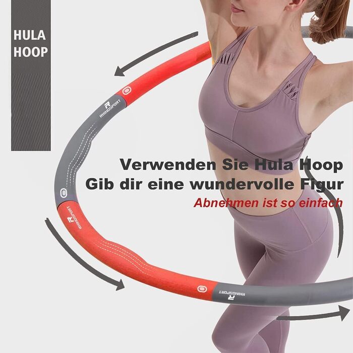 Хула-хуп RHINOSPORT 1,2 кг – фітнес-обруч для дорослих і дітей, обтяжений, з 8 знімних секцій, регульований розмір, для схуднення, чорно-червоний