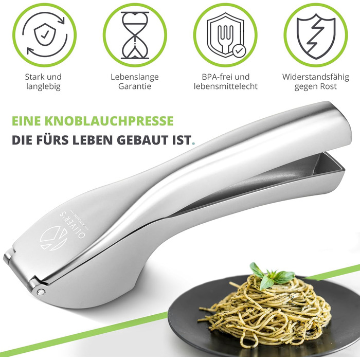 Прес для часнику преміум-класу Oliver's Kitchen - зручний і простий у догляді - подрібнює часник та імбир без зусиль (шкірка не по