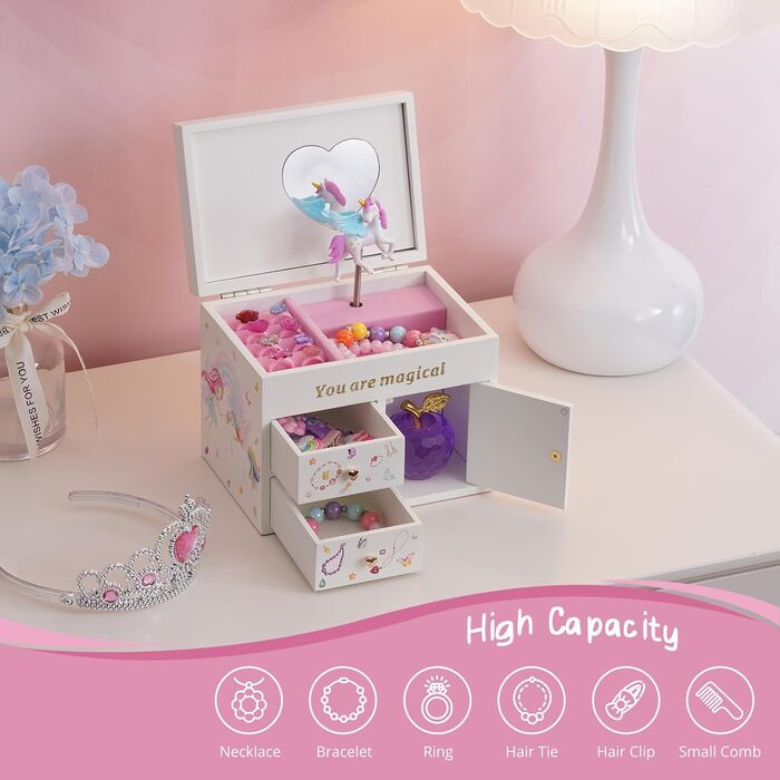 Шкатулка для ювелірних виробів Lolalet для дівчаток, дерев&39яний органайзер для ювелірних виробів з єдинорогом, шкатулка для ювелірних виробів для намиста, сережок, браслета, годинника, помади, кільця - біла