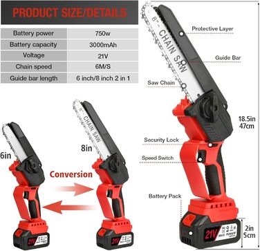 Акумуляторна бензопила, 6&8 дюймова бензопила з акумулятором 3000 мАг, безщітковий двигундва акумулятора 21В, портативна акумуляторна міні-бензопила, з бризковиком та запобіжним замком (червоний)