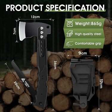 Універсальний туристичний сокира-ніж Freelander 5-в-1 з пилкою, піхвами та свистком, 34 см, для кемпінгу, походів та виживання, чорний