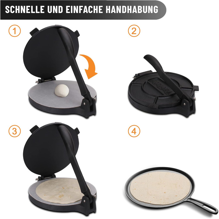 Преміальний чавунний прес для тортильї з рецептами та інструкціями (20 см)