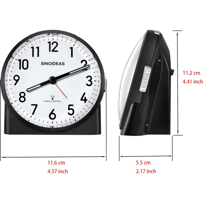 Радіокерований будильник, аналоговий радіокерований будильник без цокання, з нічником та функцією повтору будильника, потрібна 1 батарейка типу АА 1,5 В (не входить до комплекту) (чорний)