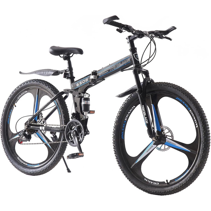 Дюймовий складний гірський велосипед, 21-швидкісна коробка передач Shimano, гірський велосипед з подвійною підвіскою, легка рама, гірський велосипед для чоловіків та жінок, складний спортивний велосипед для дорослих, чорно-синій, 27,5-