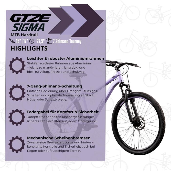 Колеса 27,5 дюймів Алюмінієва рама з амортизаційною вилкою 7-ступінчаста поворотна манетка Дискові гальма Для дітей та дорослих 90 попередньо зібрані 27,5 15 дюймів, колір лаванда