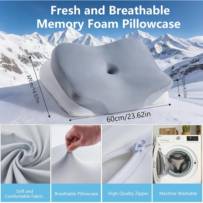 Подушка для шиї KEVIAN, ергономічної форми, охолоджувальна, без запаху, з високощільної піни з ефектом пам&39яті для сну на боці/спині/животі, з чохлом, який можна прати, 60x37x13/12 см