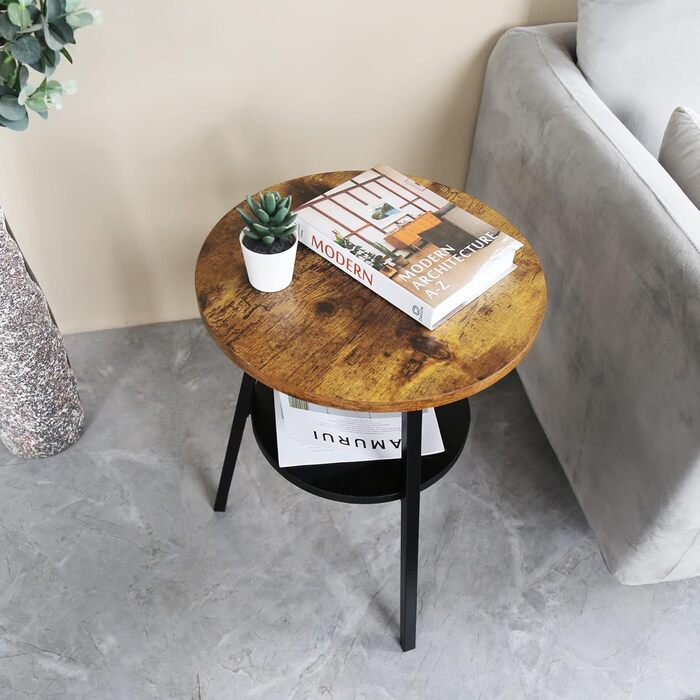 Круглий журнальний столик з 2 ярусами, маленький круглий дерев&39яний журнальний столик, круглий журнальний столик у вінтажному стилі для вітальні та спальні, рустикальний коричневий