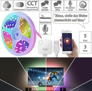 Смужка для керування будинком Luminea світлодіодна стрічка USB-RGB-CCT-LED з Wi-Fi, програмою, звуком і голосовим керуванням, 3 м (сумісна зі світлодіодною стрічкою Alexa, світлодіодна стрічка з можливістю затемнення RGBW, освітлення шафи)