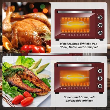 Міні Піч, Піч для піци 32 л, 1600 Вт, 100-230 C, 0-60 хв. Таймер, 5 режимів нагрівання, подвійні скляні дверцята, з грилем Деко для випікання Решітка для гриля Лоток для крихт Решітка Варильна поверхня, чорнийчервоний