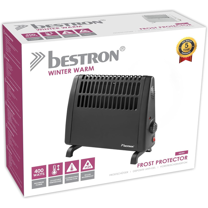 Електричний захист від замерзання Bestron, пристрій захисту від замерзання зі змінним термостатом та автоматичним вимиканням, клас захисту IP24, також підходить для гаражів, караванів, інструментальних сараїв та садових сараїв, 400 Вт, чорний