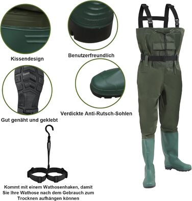 Водонепроникні нейлонові ПВХ вейдерси для риболовлі, з нековзними гумовими чобітьми, підходять для високої води, риболовлі, полювання, миття автомобілів та садівництва (розмір 44) та гачками.