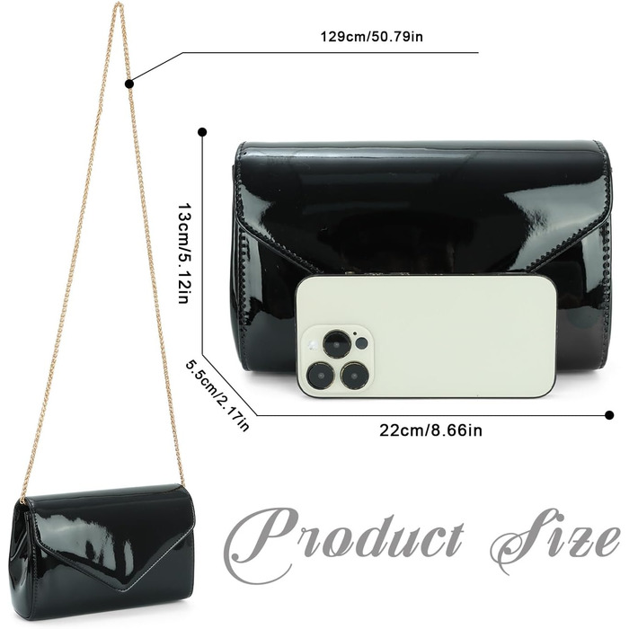 Жіноче лаковане клатч з ланцюжком на плече. Елегантна сумка-кросбоді для вечірок та особливих подій, чорний колір.