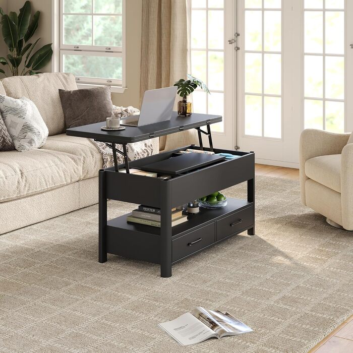 Регульований по висоті журнальний столик з шухлядами та потайним відділенням, стіл для вітальні, що трансформується в обідній стіл, чорний