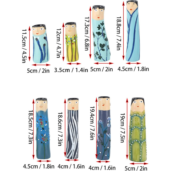 Весняні сімейні вази для бутонів, пофарбована сімейна ваза смола богемна сімейна ваза, романтична художня мила ваза для обличчя набір декору для полиці підвіконня столу, 8 шт.