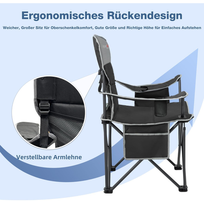 Складане кемпінгове крісло, вантажопідйомність 200 кг, з тримачем для напоїв та сумкою-холодильником, складне кемпінгове крісло, складне рибальське крісло з високою спинкою, чорне