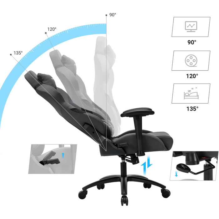 Офісне крісло Songmics, ігрове крісло, ергономічне крісло керівника з регульованими підлокітниками, підголівником та поперековою подушкою, 66 x 72 x 124-132 см, сіро-чорне, RCG13G, сірий чорний