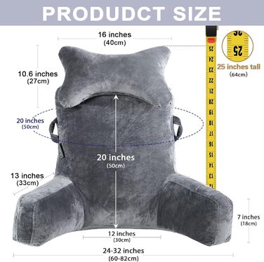 Подушка для читання, подушка для ліжка зі знімним потиличним валиком та вищим підлокітником для сидіння в ліжку, на дивані або підлозі, подушка для читання, подушка для спини для дорослих для читання, перегляду телевізора, темно-сіра 2