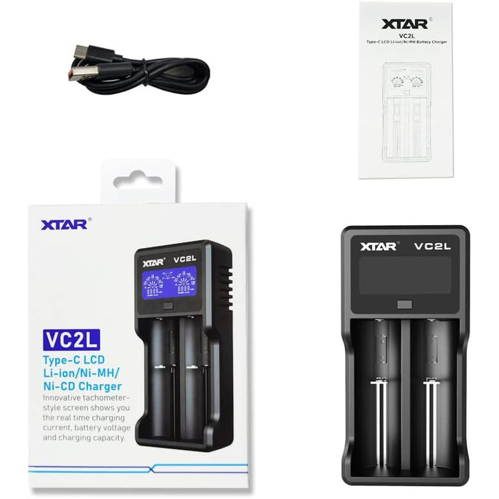 Зарядний пристрій XTAR VC2L USB C Оновлений зарядний пристрій 18650 Швидкий зарядний пристрій 2A 26650 Зарядний пристрій з РК-дисплеєм для батарейок AA AAA CD (VC2L)