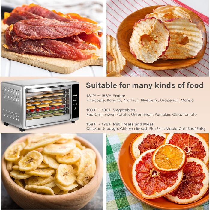 Дегідратор Skyehomo з нержавіючої сталі, дегідратор 650 Вт 0,8 м дегідратор з регулятором температури (35-80 C), таймер на 24 години, 8 рівнів сушильної машини з решіткою з нержавіючої сталі, дегідратор їжі для м'яса, фруктів, овочів, трав
