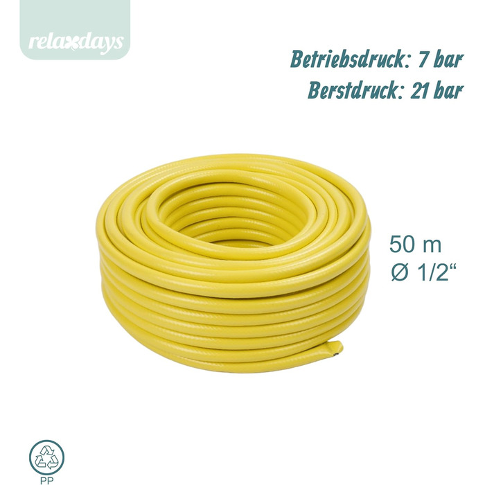 Шланг садовий Relaxdays, різної довжини, універсальний водопровідний шланг 1/2, стійкий до УФ-випромінювання та погодних умов, PP, жовтий 50 м