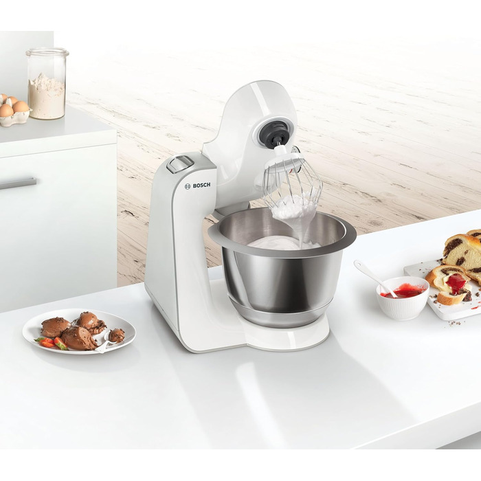 Кухонна машина Bosch Serie 4 MUM58200 гак для замісу, вінчик та міксер з нержавіючої сталі, чаша зі сталі (можна мити в посудомийній машині), 3D-система змішування, білий/сріблястий