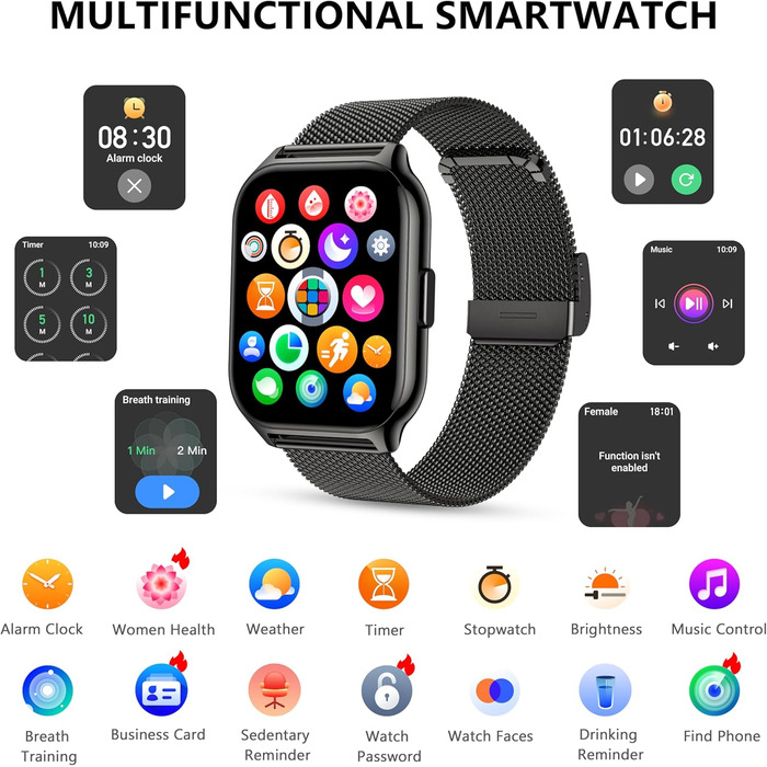 Розумний годинник для чоловіків та жінок, 2,01-дюймовий фітнес-трекер з функцією телефону/голосового помічника/нагадування про повідомлення, фітнес-годинник з монітором серцевого ритму та сну (чорний метал чорний силікон) ЧорнийЧорний