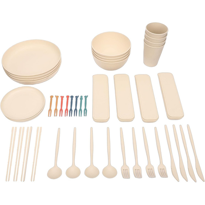 Набір посуду на 4 особи, небємий тарілки, миски та чашки. Зручна коробка для зберігання, можна мити в посудомийній машині та використовувати в мікрохвильовій печі. Ідеально підходить для дому, кемпінгу, пікніків.