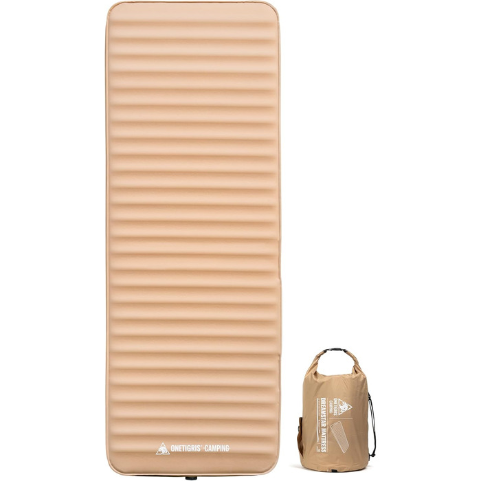 Самонадувальний надувний матрац OneTigris Dreamstar з високим коефіцієнтом опору, надувне ліжко для 1 особи, надувний матрац для гостей з мішком-насосом, для кемпінгу, подорожей та автомобіля (70 198 см) кольору койота